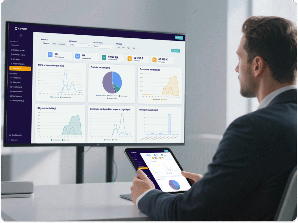 Responsable analysant les performances de réemploi sur le tableau de bord CEVEOP affiché sur un écran et une tablette