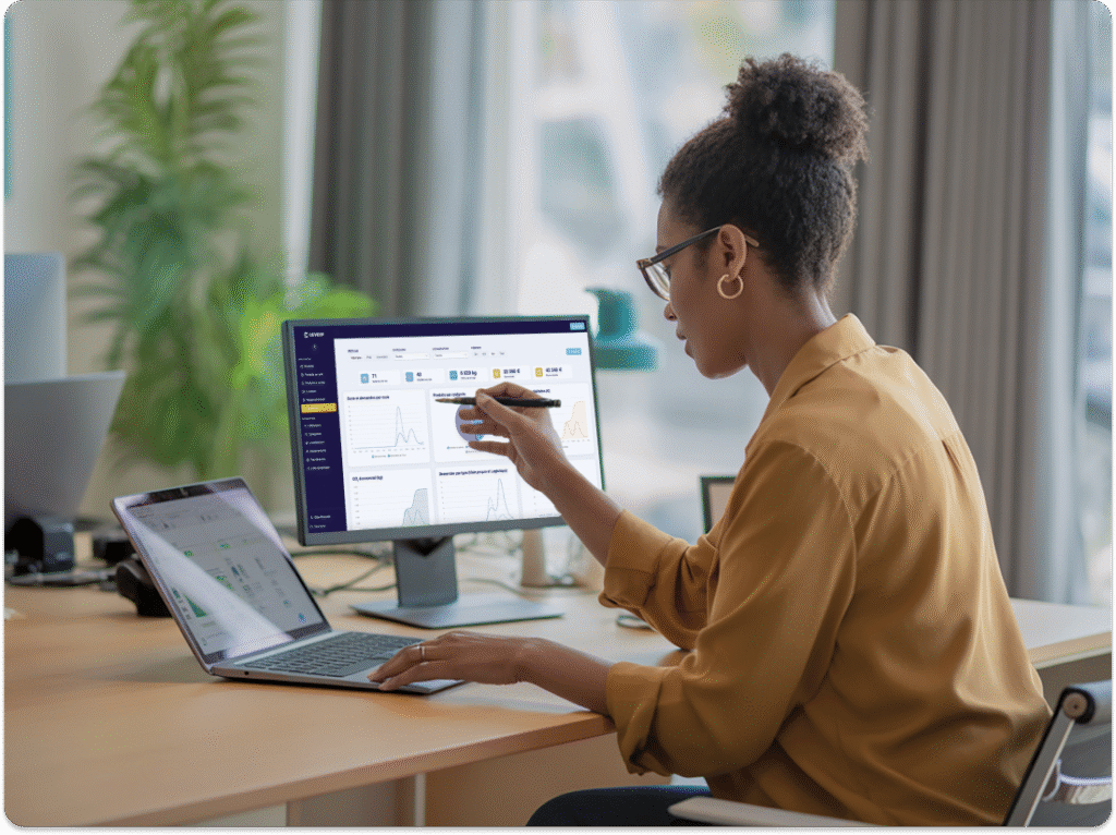 Professionnelle analysant les indicateurs de réemploi et d’économies sur le tableau de bord CEVEOP dans un environnement de bureau