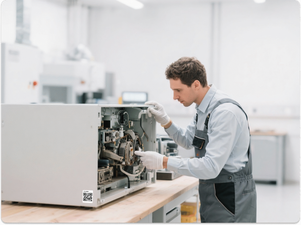 Technicien réparant un équipement professionnel dans un atelier pour prolonger sa durée de vie