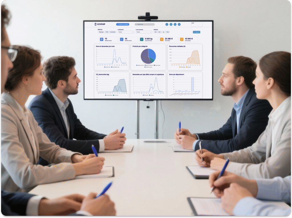 Réunion d’équipe analysant les tableaux de bord CEVEOP affichés sur écran pour suivre le réemploi et les économies réalisées